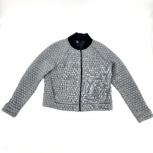 GAP Fit Jacquard Quilted Bomber Jacket Womens Size Small Black White Hexagon
